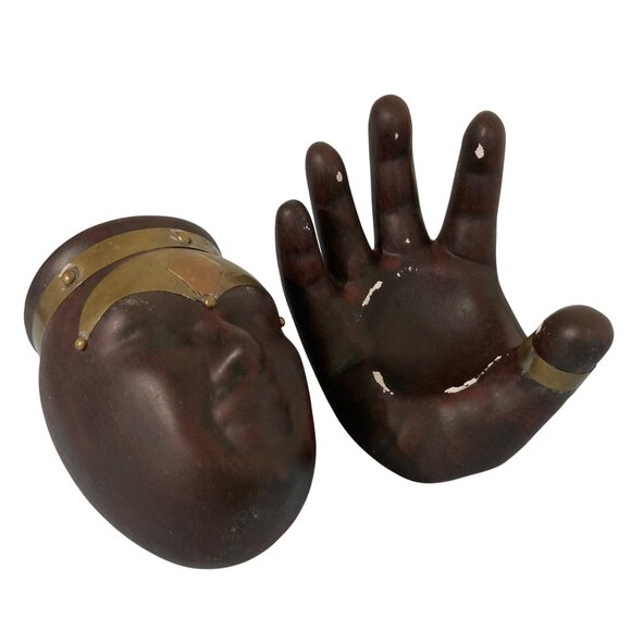 Ceramic Mid Century Head In Hand 2 Piece Figural Vase Urn Holder Metal Accents - Picture 5 of 10